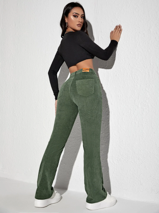 Letter Patched Flare Leg Corduroy Pants