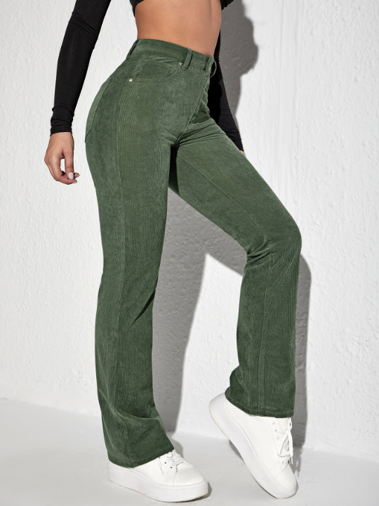 Letter Patched Flare Leg Corduroy Pants