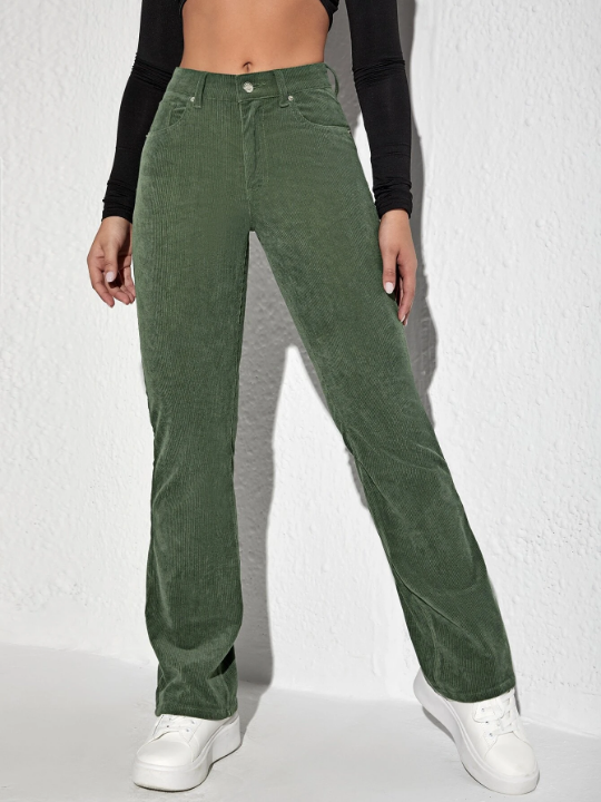 Letter Patched Flare Leg Corduroy Pants