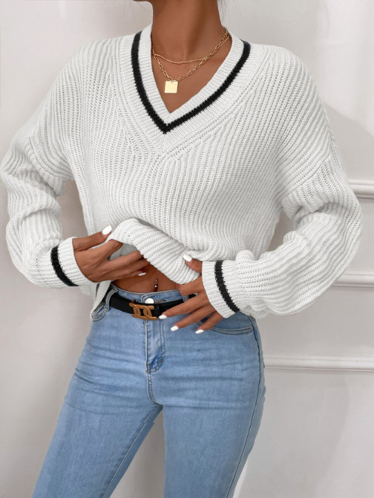 Frenchy Striped Trim Drop Shoulder Cricket Sweater