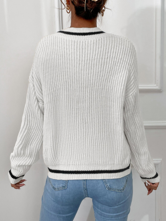 Frenchy Striped Trim Drop Shoulder Sweater