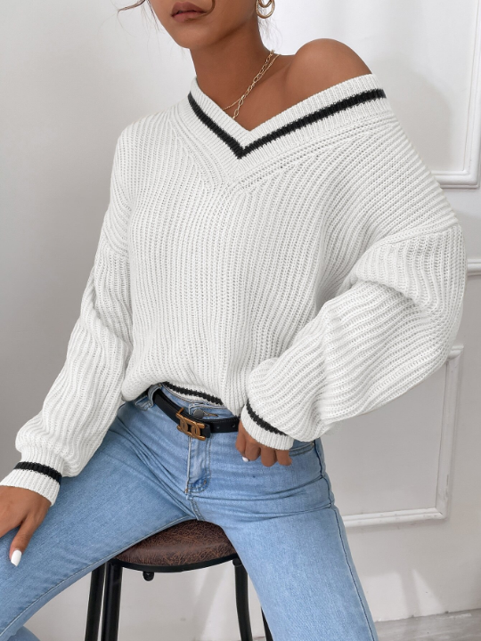 Frenchy Striped Trim Drop Shoulder Cricket Sweater