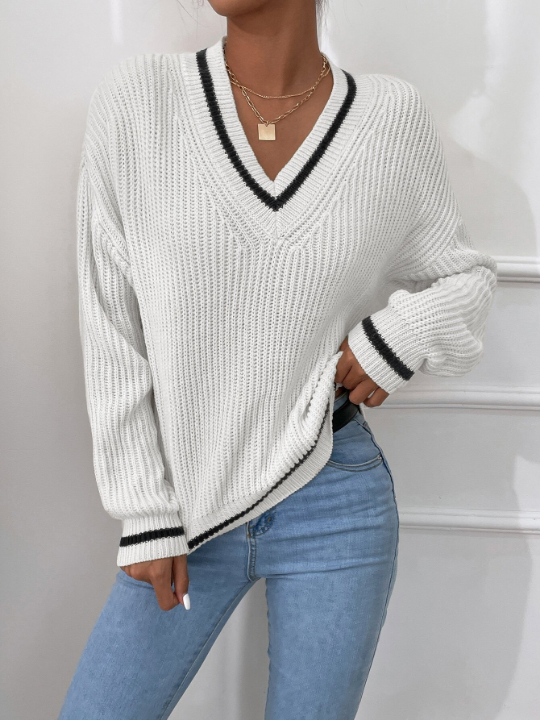 Frenchy Striped Trim Drop Shoulder Sweater