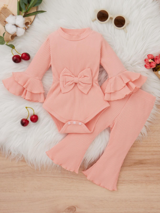 Baby Girl Flounce Sleeve Bow Front Bodysuit & Flare Leg Pants