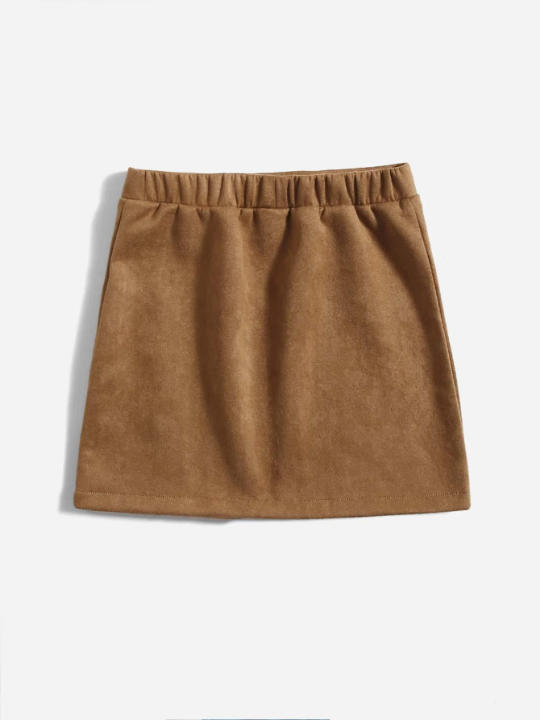 Tween Girl Faux Suede Wrap Style Skirt With Button Decoration On The Side, Hemmed Bottom