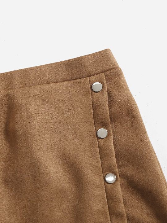 Tween Girl Faux Suede Wrap Style Skirt With Button Decoration On The Side, Hemmed Bottom