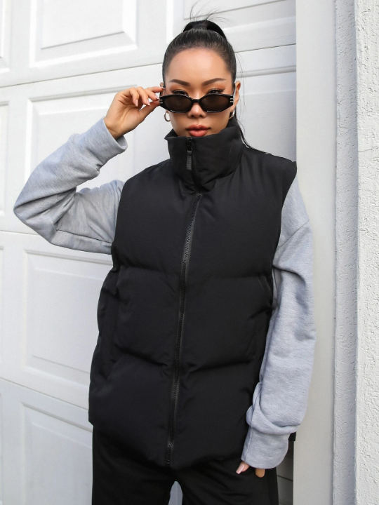 DAZY Zip Up Slant Pocket Puffer Vest Pockets Coat