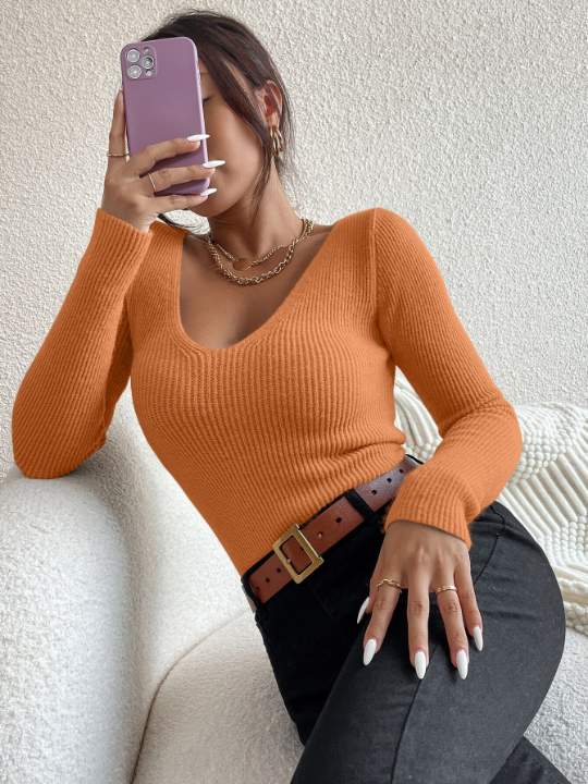 Frenchy Solid Rib Knit V Neck Sweater