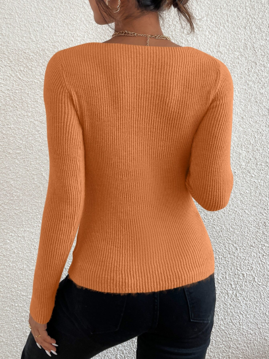 Frenchy Solid Rib Knit V Neck Sweater