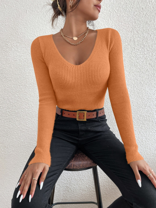 Frenchy Solid Rib Knit V Neck Sweater