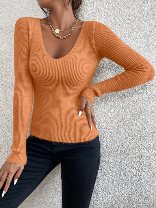 Frenchy Solid Rib Knit V Neck Sweater