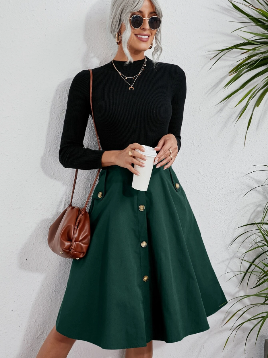 VCAY Solid Single Breasted Flare Skirt