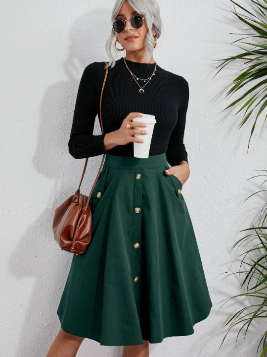 VCAY Solid Single Breasted Flare Skirt