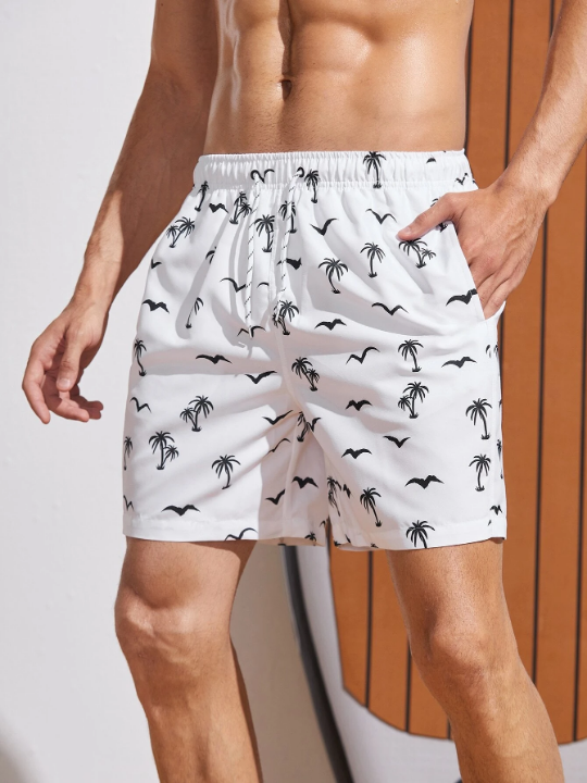 Manfinity Swimmode Men Coconut Tree & Bird Print Drawstring Waist Swim Trunks