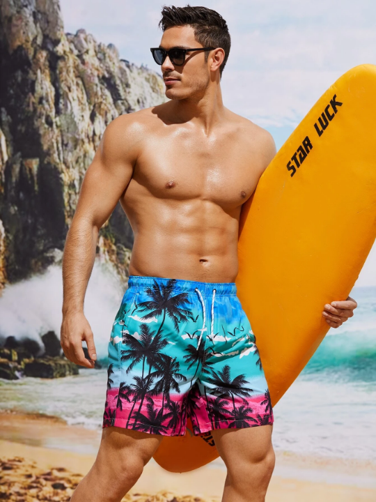 Manfinity Swimmode Men Coconut Tree Print Drawstring Waist Swim Trunks