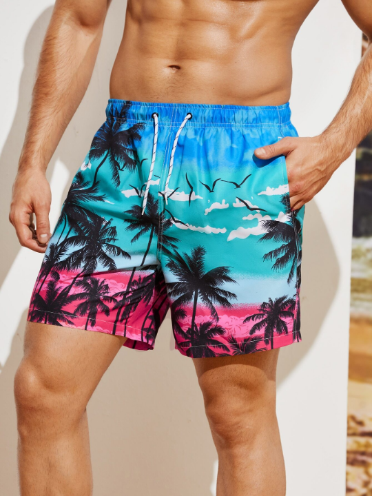 Manfinity Swimmode Men Coconut Tree Print Drawstring Waist Swim Trunks