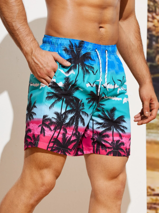 Manfinity Swimmode Men Coconut Tree Print Drawstring Waist Swim Trunks