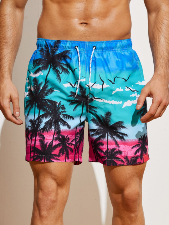 Manfinity Swimmode Men Coconut Tree Print Drawstring Waist Swim Trunks