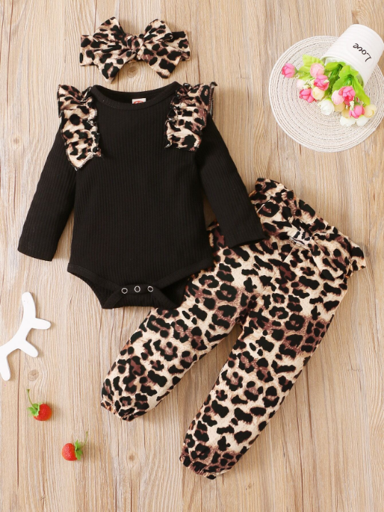 Baby Girl Leopard Ruffle Trim Bodysuit & Bow Front Pants & Headband