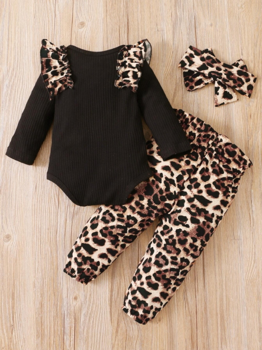 Baby Girl Leopard Ruffle Trim Bodysuit & Bow Front Pants & Headband