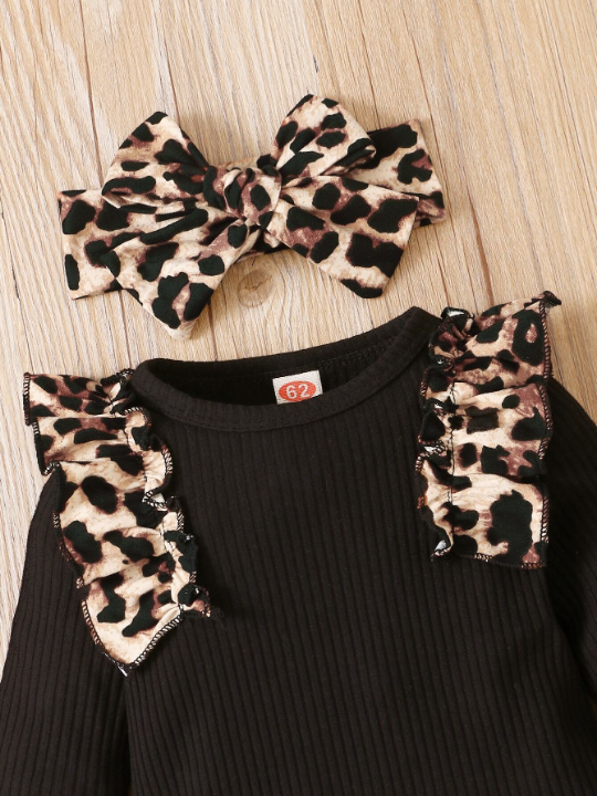 Baby Girl Leopard Ruffle Trim Bodysuit & Bow Front Pants & Headband