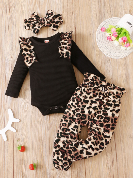 Baby Girl Leopard Ruffle Trim Bodysuit & Bow Front Pants & Headband