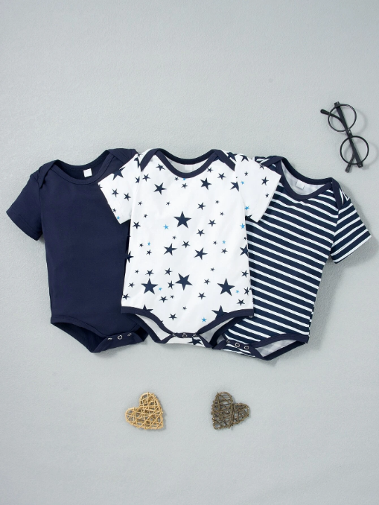 Baby Boy 3pcs Striped And Star Print Bodysuit