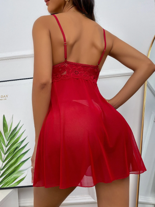 Contrast Floral Lace Slips With Robe & Belted