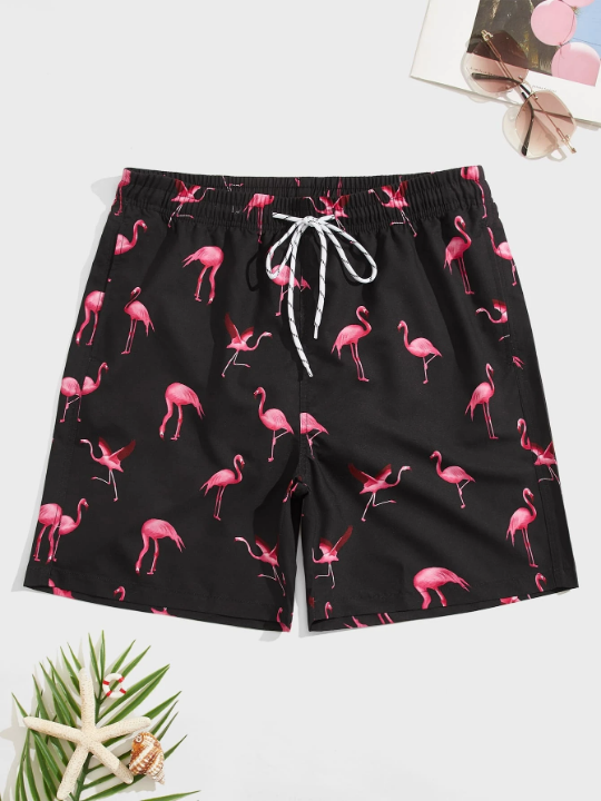 Manfinity Swimmode Men Random Flamingo Print Drawstring Waist Swim Trunks