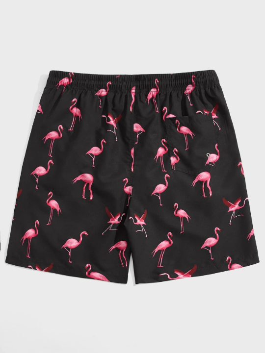 Manfinity Swimmode Men Random Flamingo Print Drawstring Waist Swim Trunks