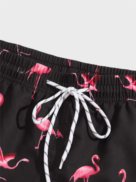 Manfinity Swimmode Men Random Flamingo Print Drawstring Waist Swim Trunks