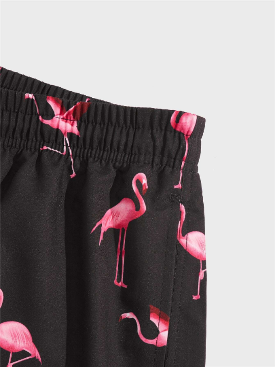 Manfinity Swimmode Men Random Flamingo Print Drawstring Waist Swim Trunks