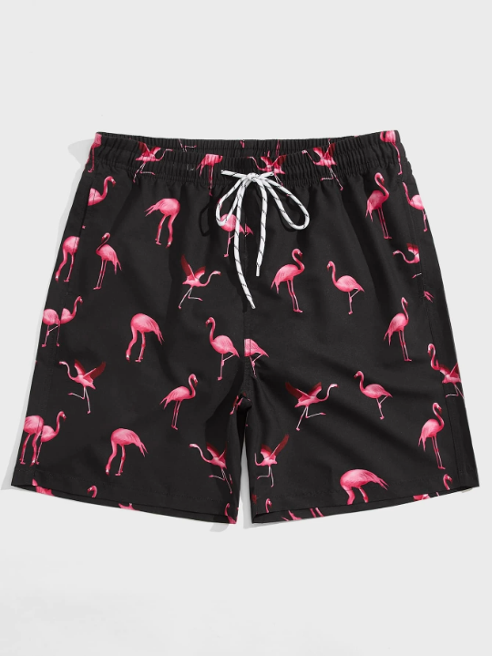 Manfinity Swimmode Men Random Flamingo Print Drawstring Waist Swim Trunks