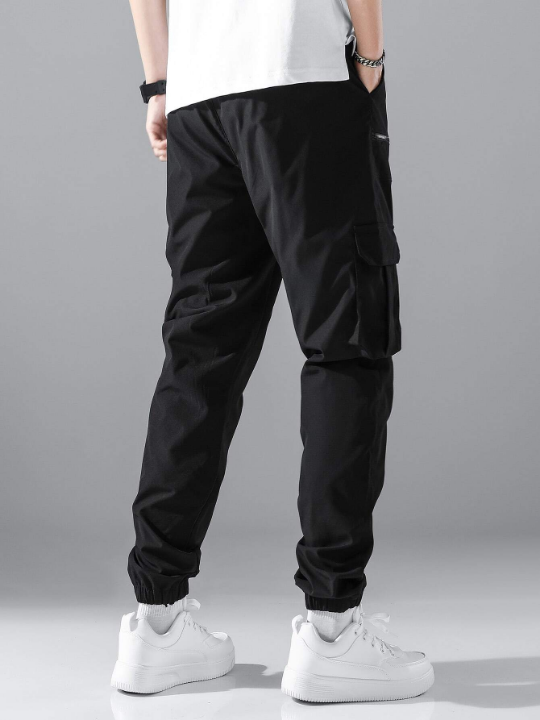 Manfinity Loose Fit Men's Cargo Trousers With Flap Pocket Design, Side Drawstring Waist