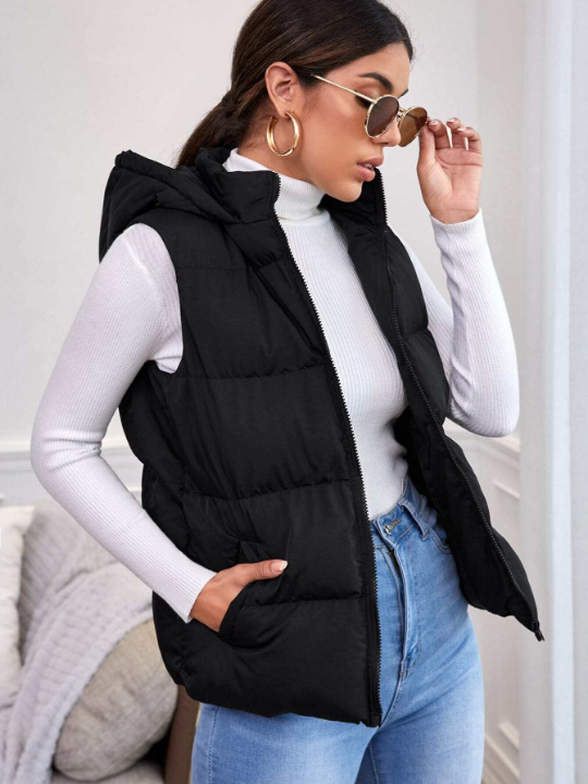 Frenchy Zipper Up Slant Pocket Black Hooded Sleeveless Puffer Coat