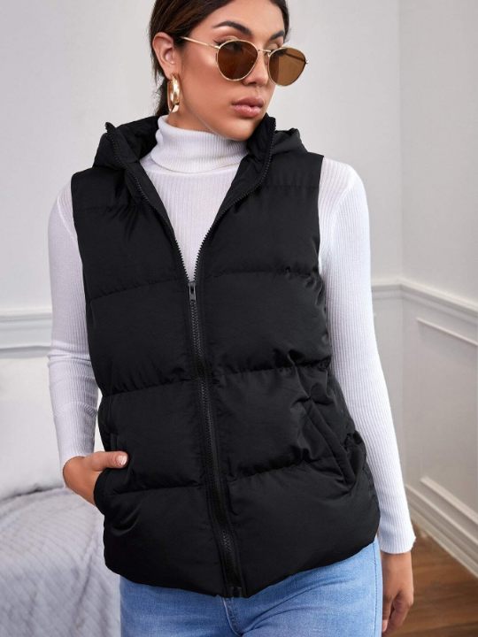 Frenchy Zip Up Hooded Puffer Vest Coat