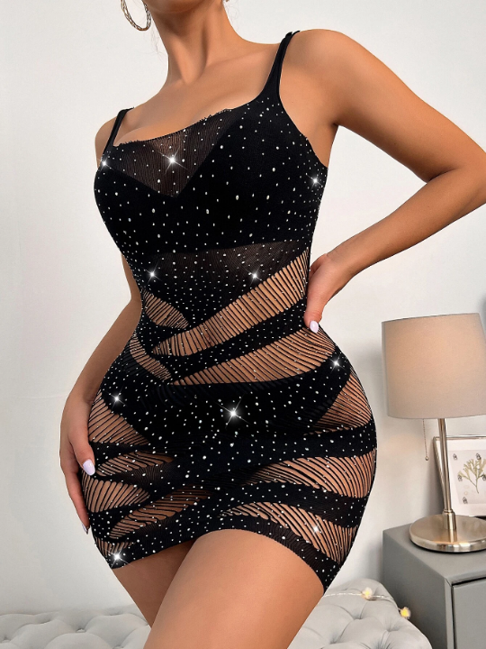 Rhinestone Studded Mesh Dress Without Lingerie
