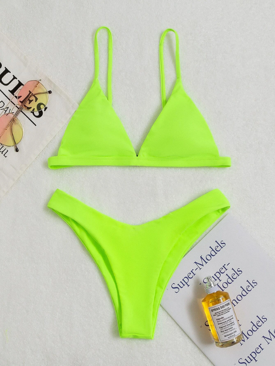 Swim Vcay Plain Triangle High Cut Bikini Swimsuit