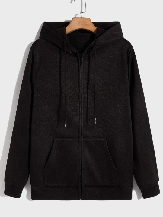 ROMWE Prep Men Solid Zip Up Pocket Drawstring Hoodie