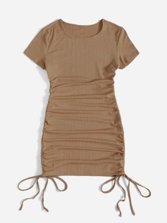 Solid Side Drawstring Ruched Bodycon Dress