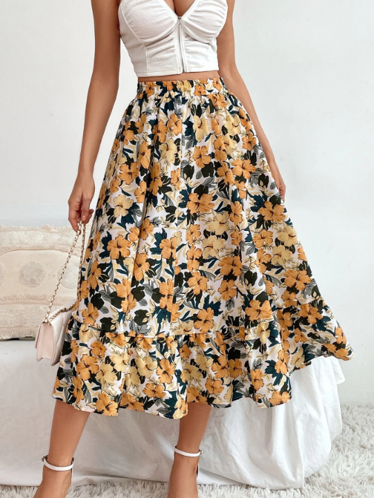 VCAY Allover Floral Print Flare Skirt