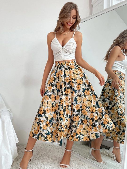 VCAY Allover Floral Print Flare Skirt