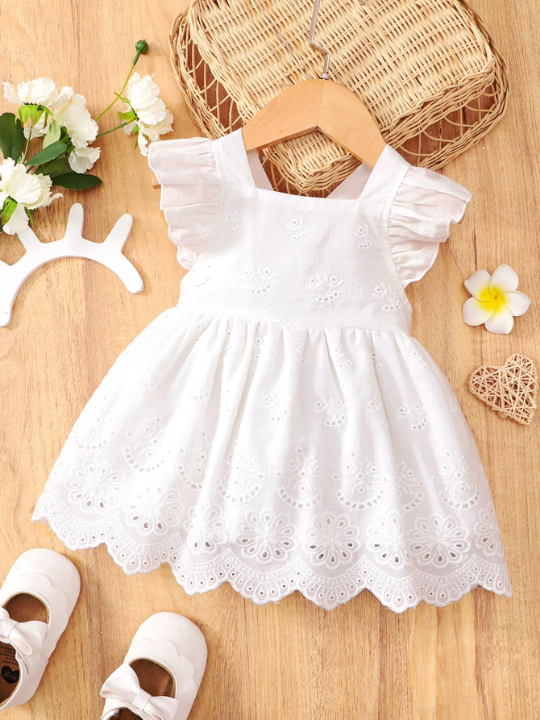 Baby Flutter Sleeve Square Neck Eyelet Embroidered Dress