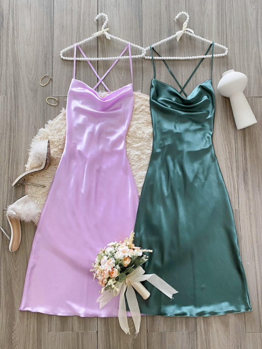 2pcs Draped Collar Satin Cami Night Dress