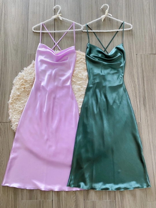 2pcs Draped Collar Satin Cami Night Dress