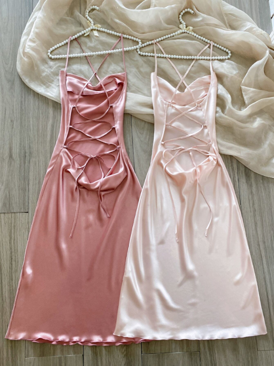 2pcs Draped Collar Satin Cami Night Dress