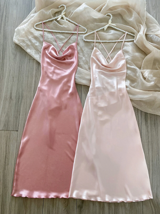 2pcs Draped Collar Satin Cami Night Dress