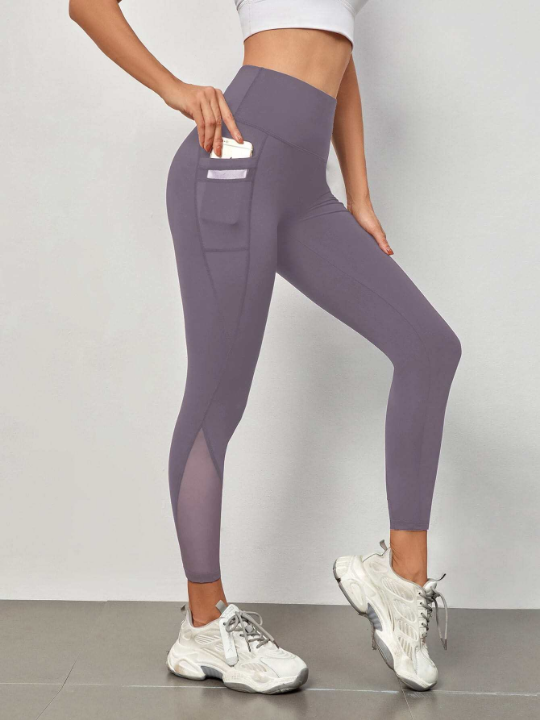 Yoga Trendy Absorbs Sweat Contrast Mesh Sports Leggings With Phone Pocket