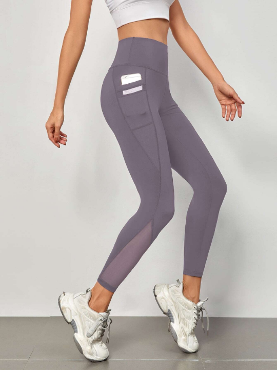 Yoga Trendy Absorbs Sweat Contrast Mesh Sports Leggings With Phone Pocket