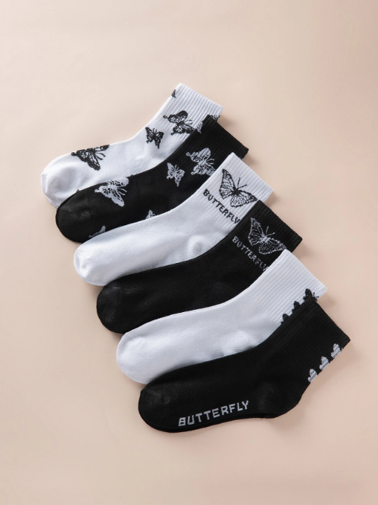 6pairs Butterfly Pattern Crew Socks